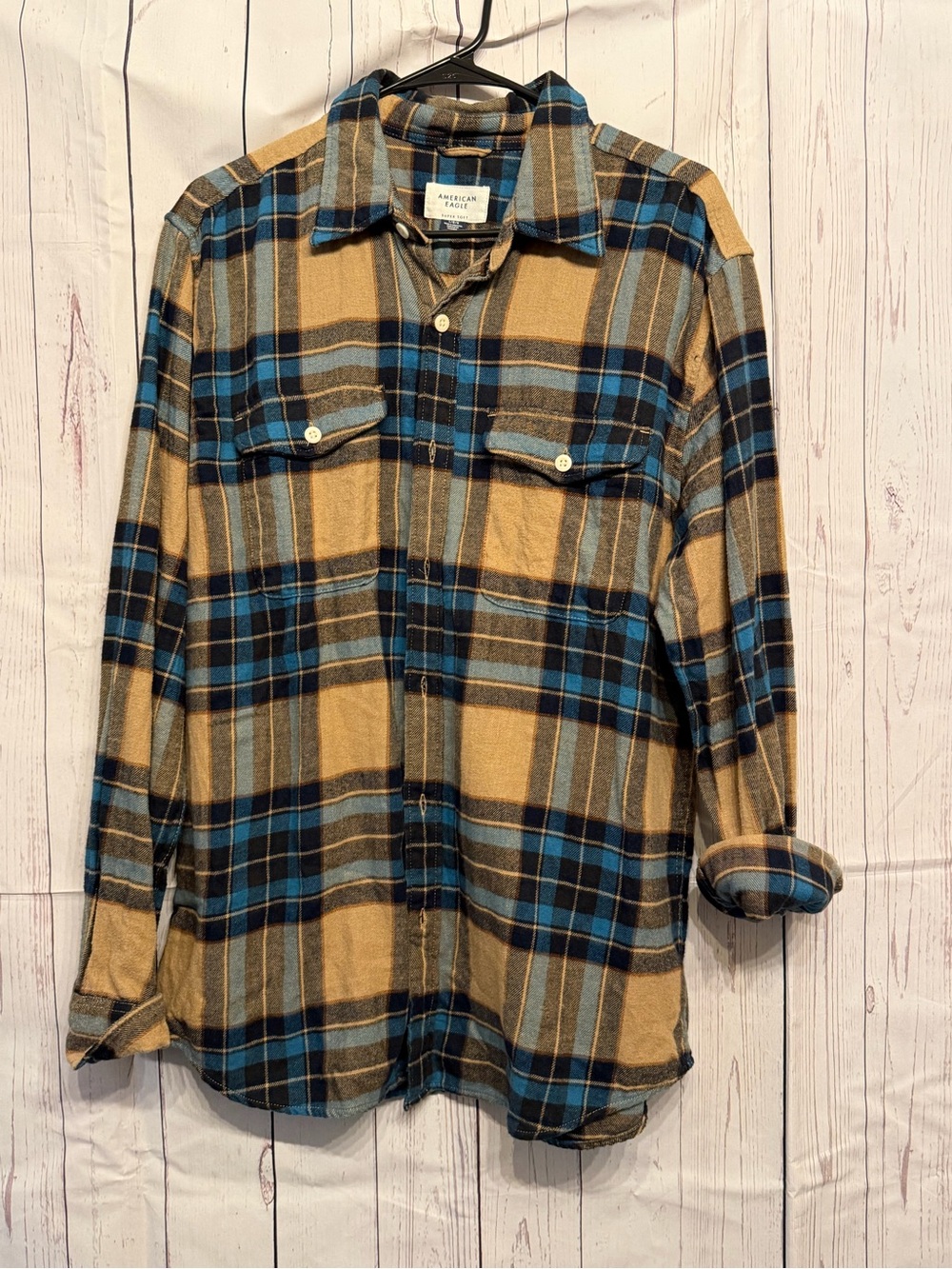 American Eagle Outfitters Tan & Blue Plaid Button-Up Shirt